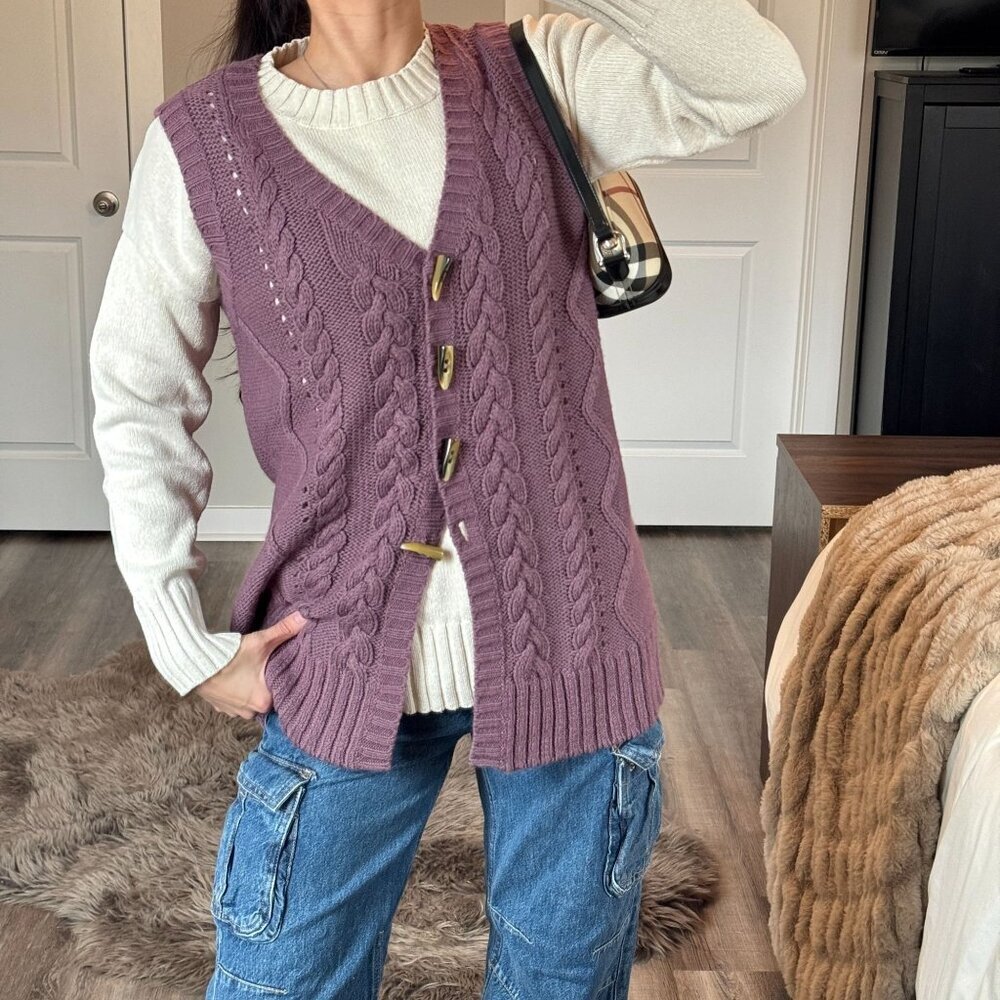 Cable Knit Toggle Sweater Vest Cottagecore Y2K Layering Purple Grandma Normcore